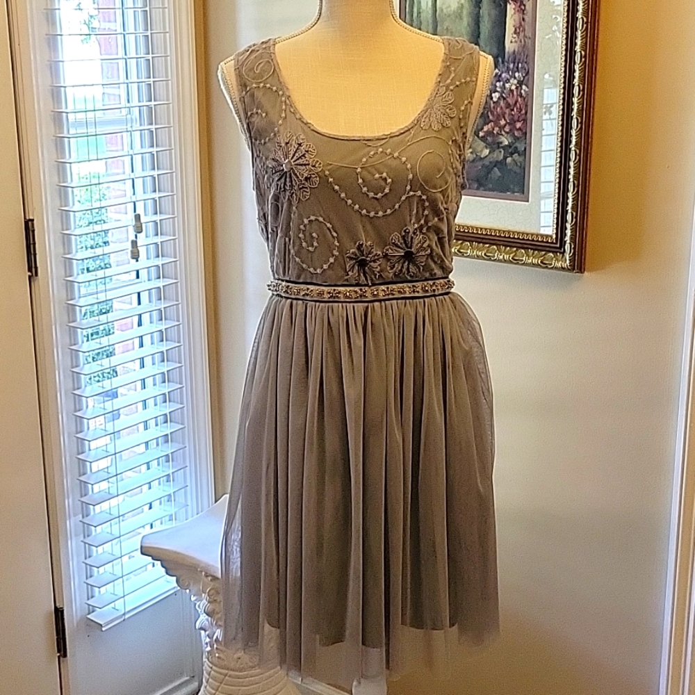 A'Reve gray lace beaded sleeveless dress fitted waist full skirt lined MED EUC…